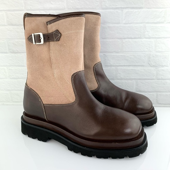 Free People Suede Leather Buckle Lug Double Up Moto Boots Chocolate Size 8 EU38 - Picture 4 of 15